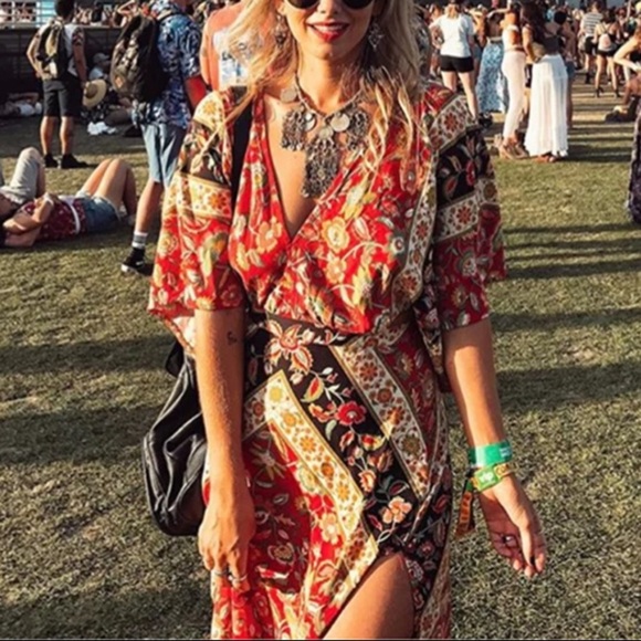 SOLD OUT Red Boho Floral Printed Open Back Maxi Dress - Picture 3 of 4